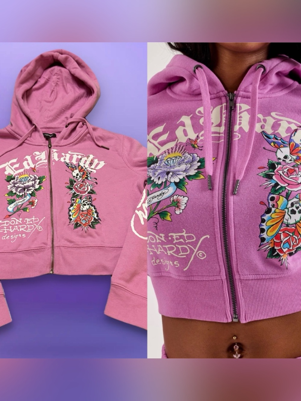 Ed Hardy  Girls Pink Floral Tattoo-Graphic Zip Hoodie XL